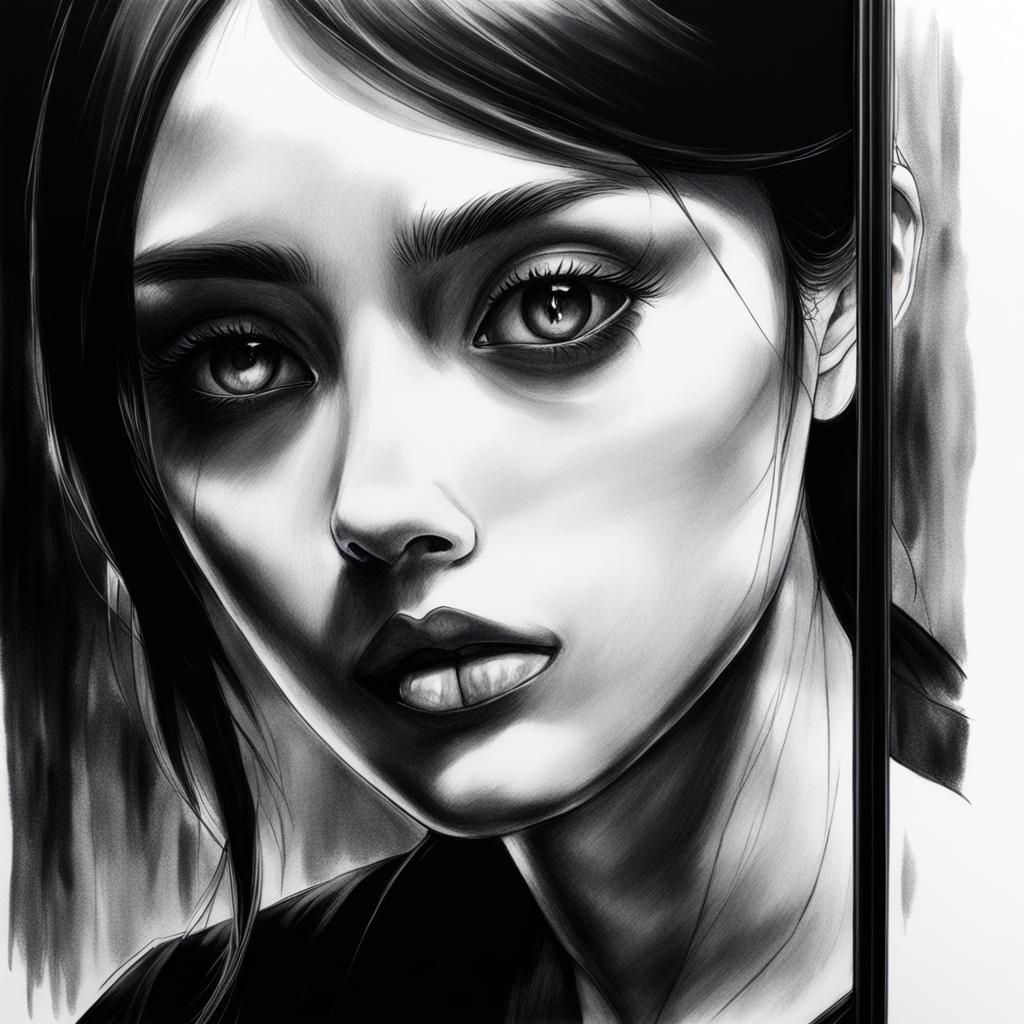 Anime Girl's Reflection: Charcoal Drawing in Chiaroscuro