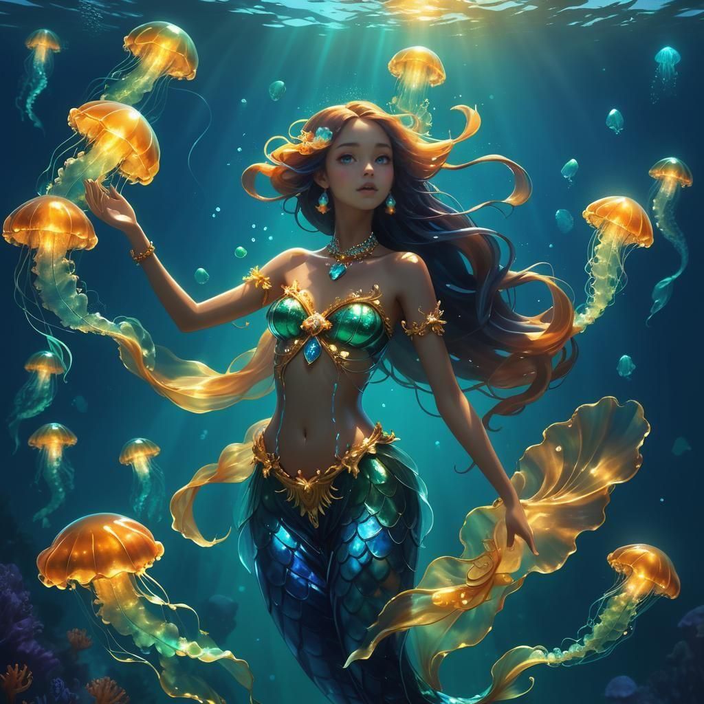 Glowing Glass Siren in Bioluminescent Ocean