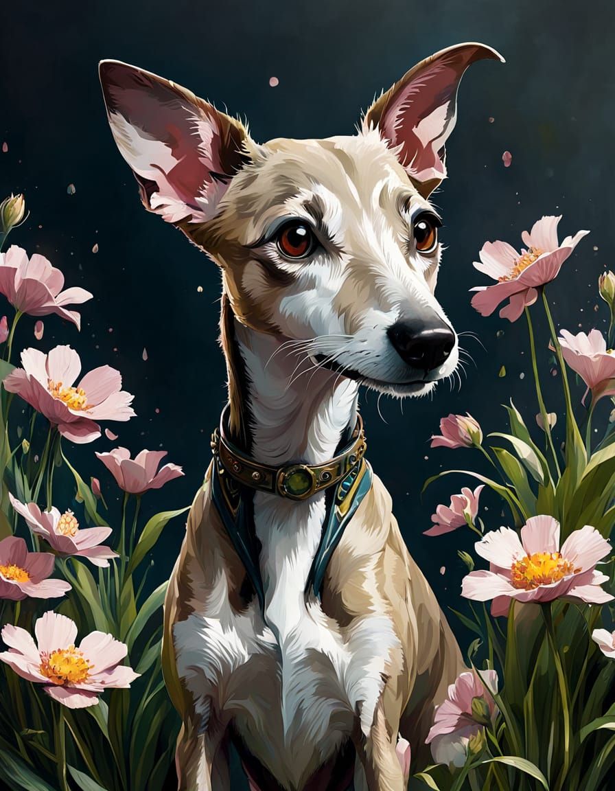 Adorable Whippet Puppy in Floral Spring, Digital Painting