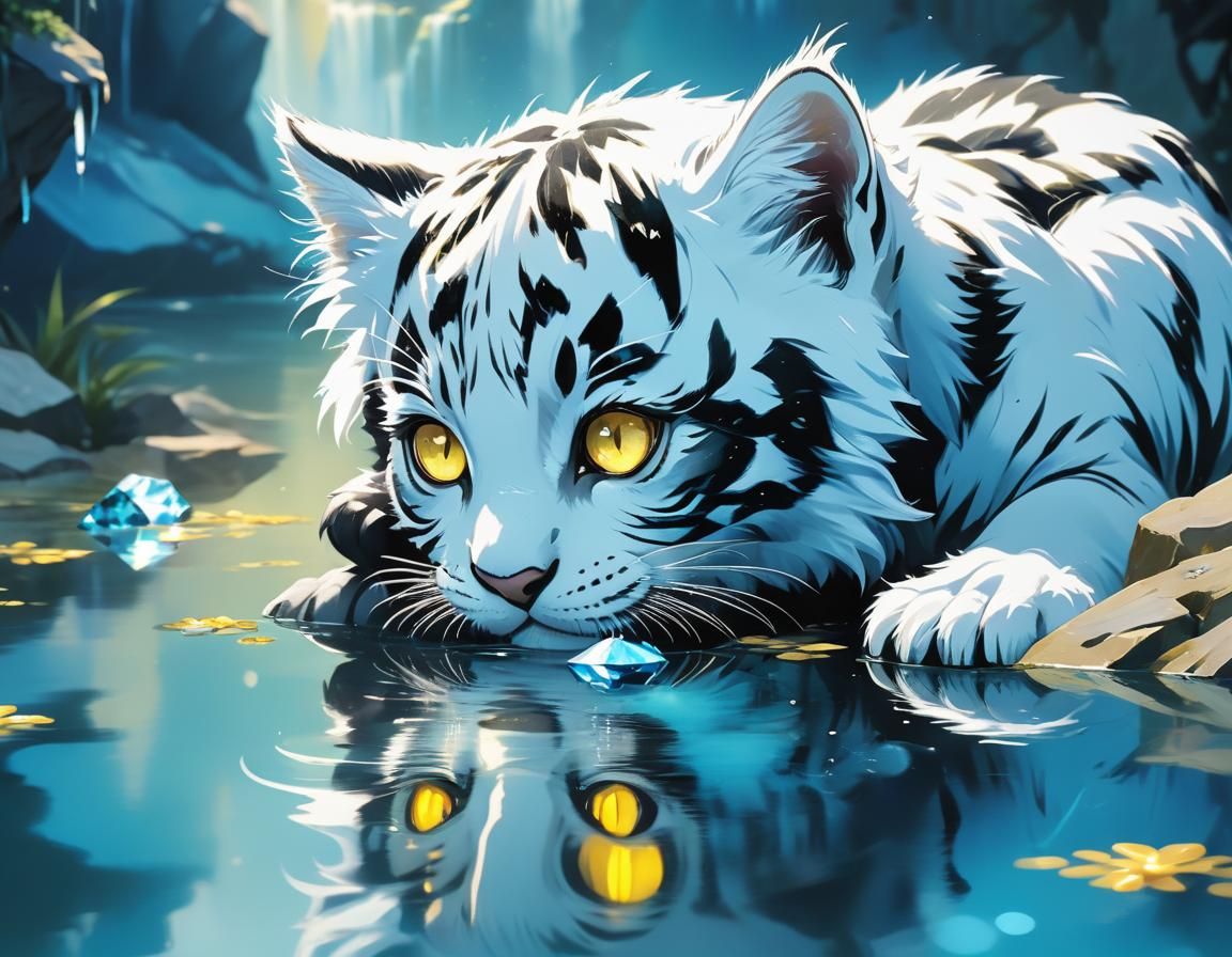 Kitten and Tiger Reflection in Anime Style