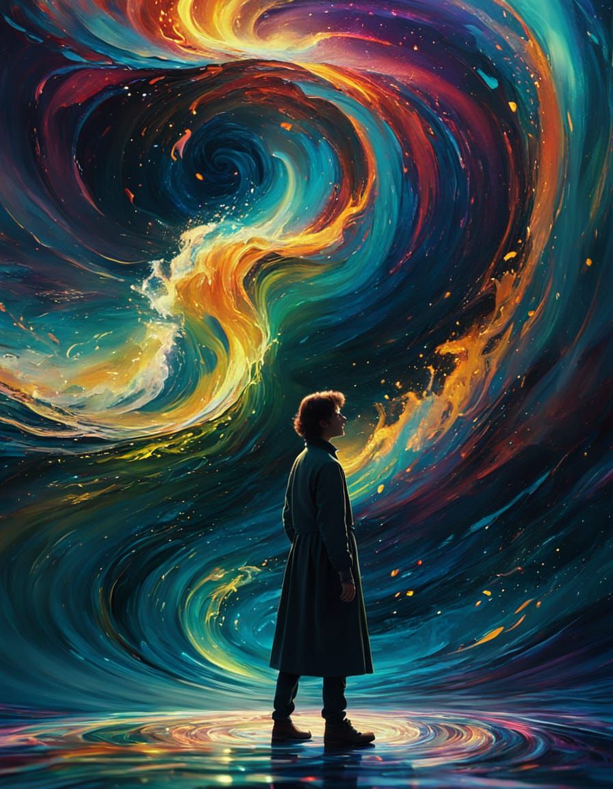 Person in Non-Euclidean Space as Oil Painting