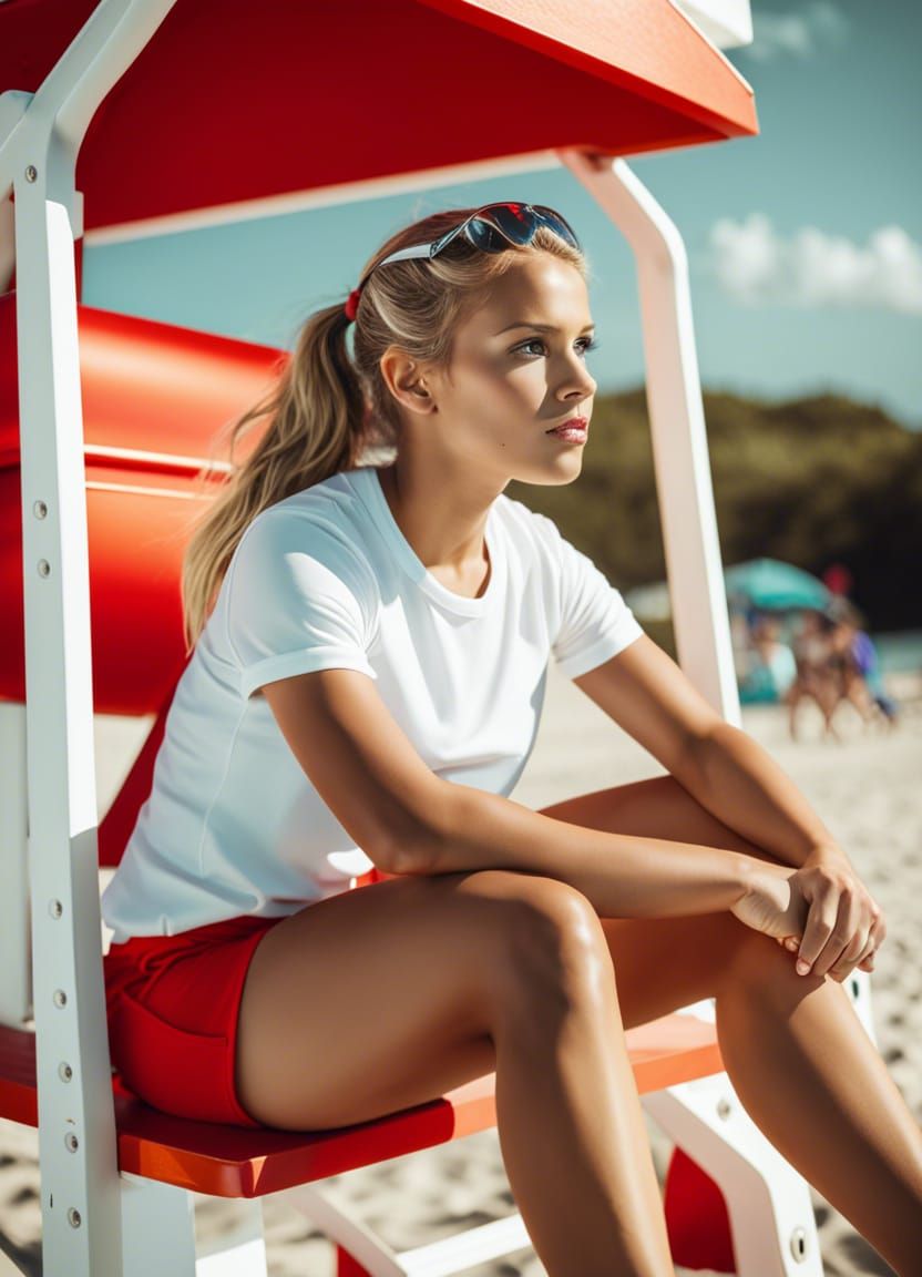 Girl as Lifeguard on White Tower in the Sun
