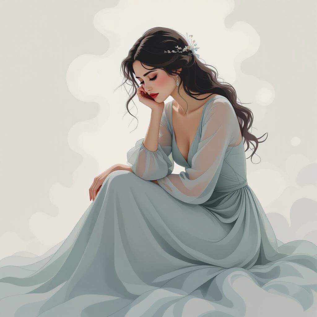 Melancholic Woman in Ethereal Mist, Art Nouveau Style