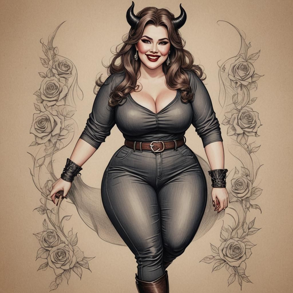 Attractive Devil Woman Pencil Sketch, Curvaceous Figure