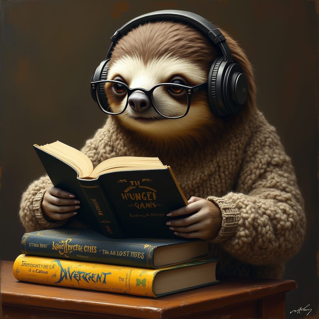 Sloth Reader in Oil Painting Style