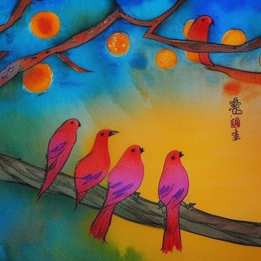 Birds at Sunset in Gongbi Painting Style
