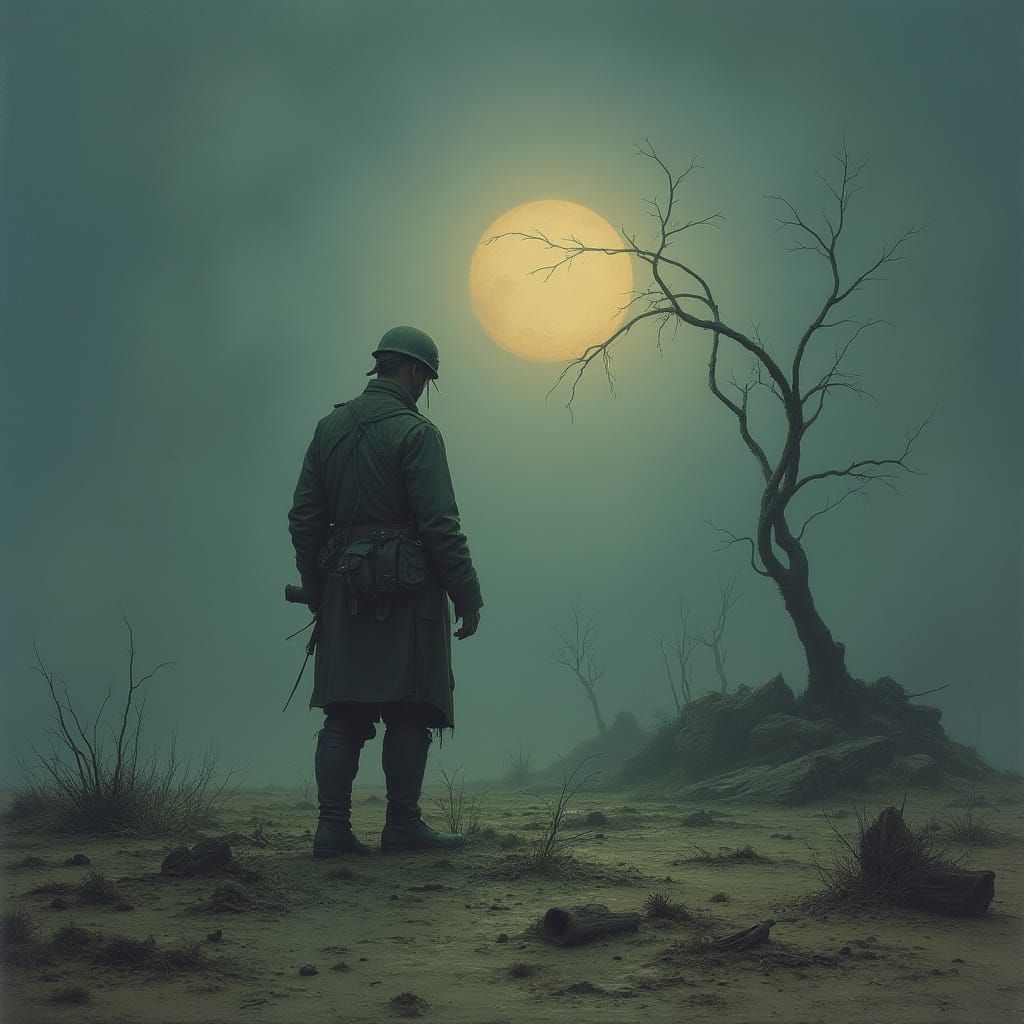 Soldier Ponders War on Moonlit Battlefield