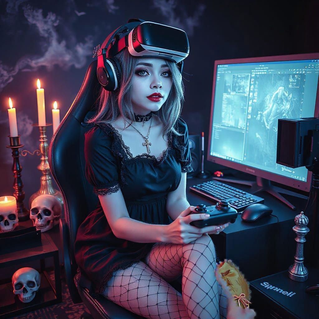Elegant Vampire E-Girl in Dark Gaming Attire