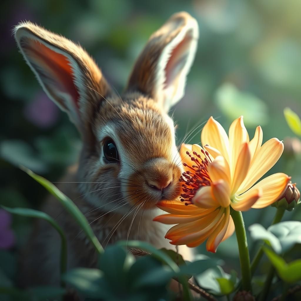Baby Bunny Sniffs Flower in Realistic Matte Painting