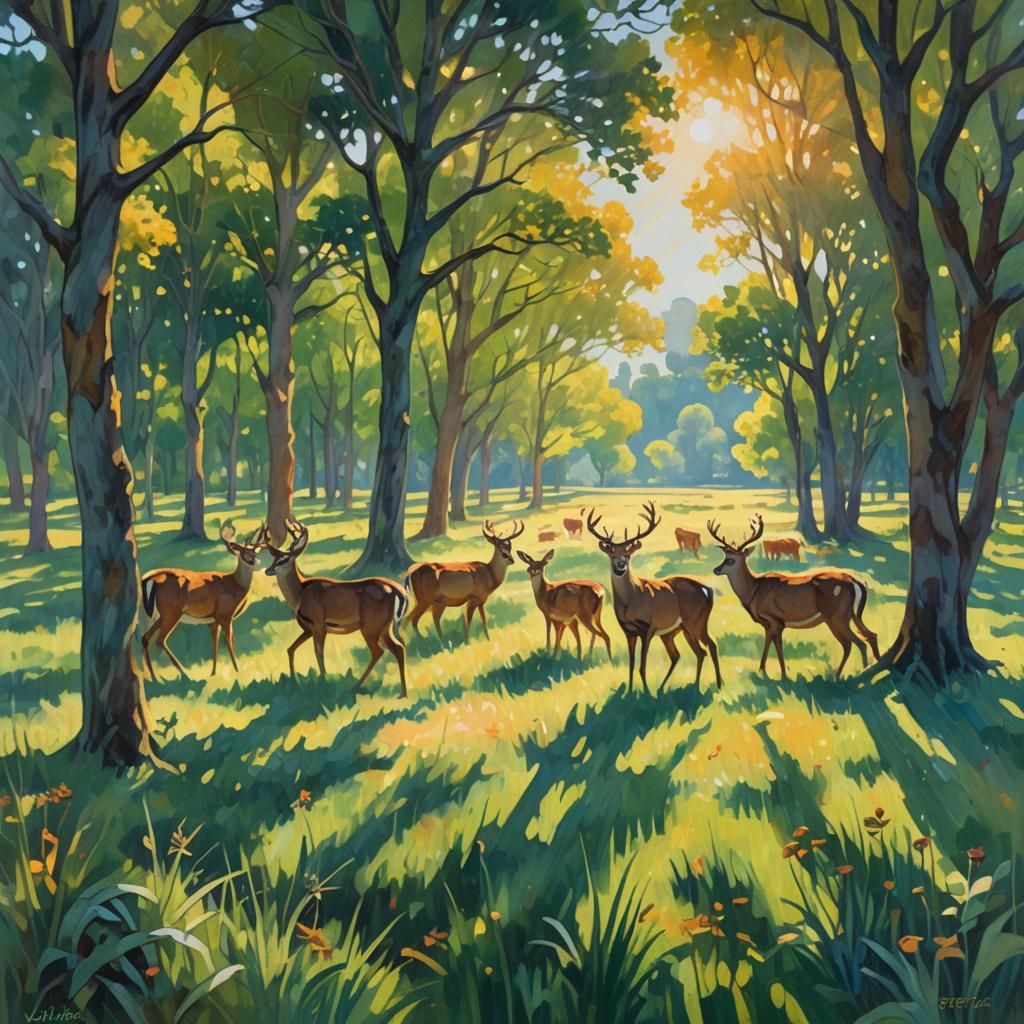 Deer Grazing in Meadow: Impressionist Landscape Painting