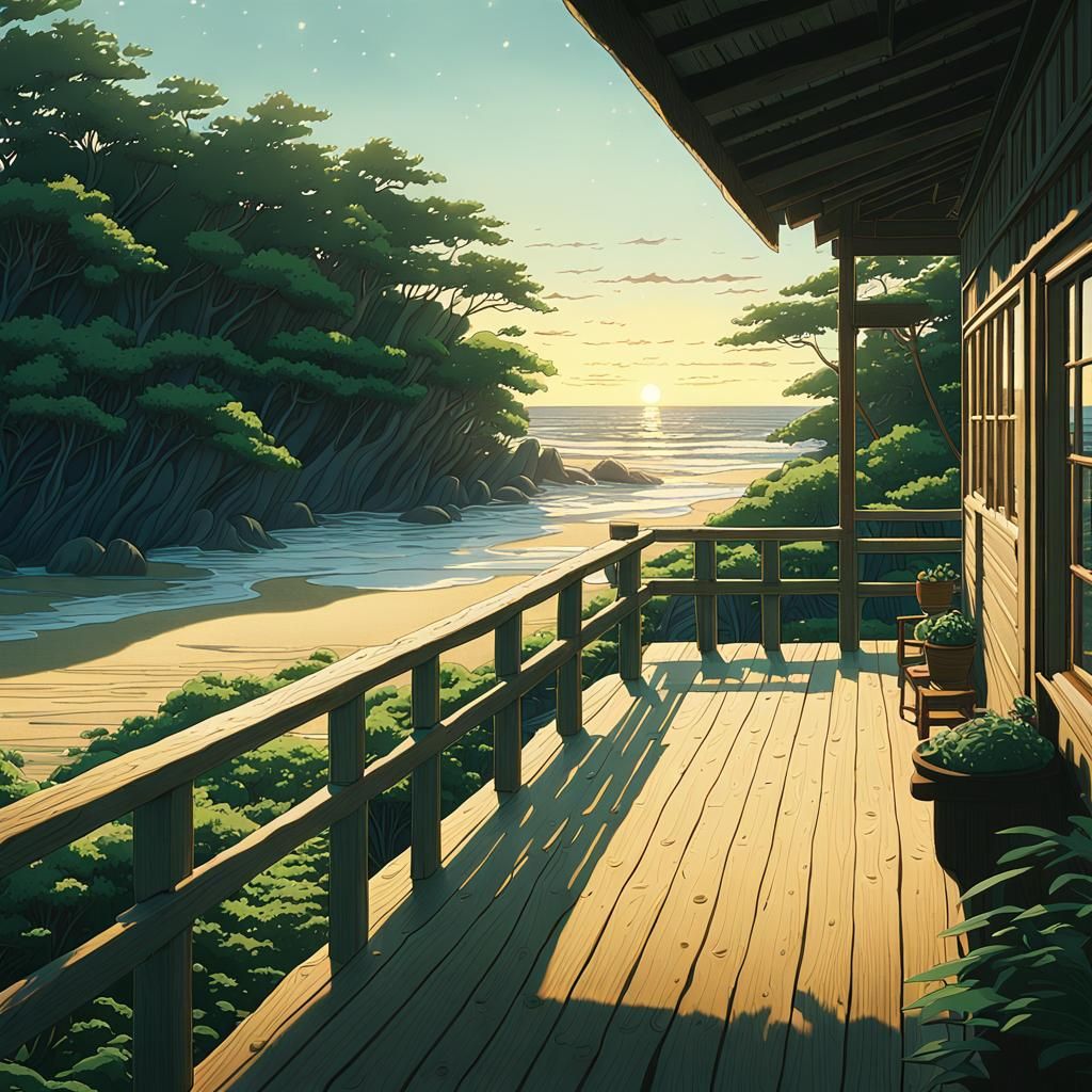 Serene Beach Scene in Whimsical Studio Ghibli Style