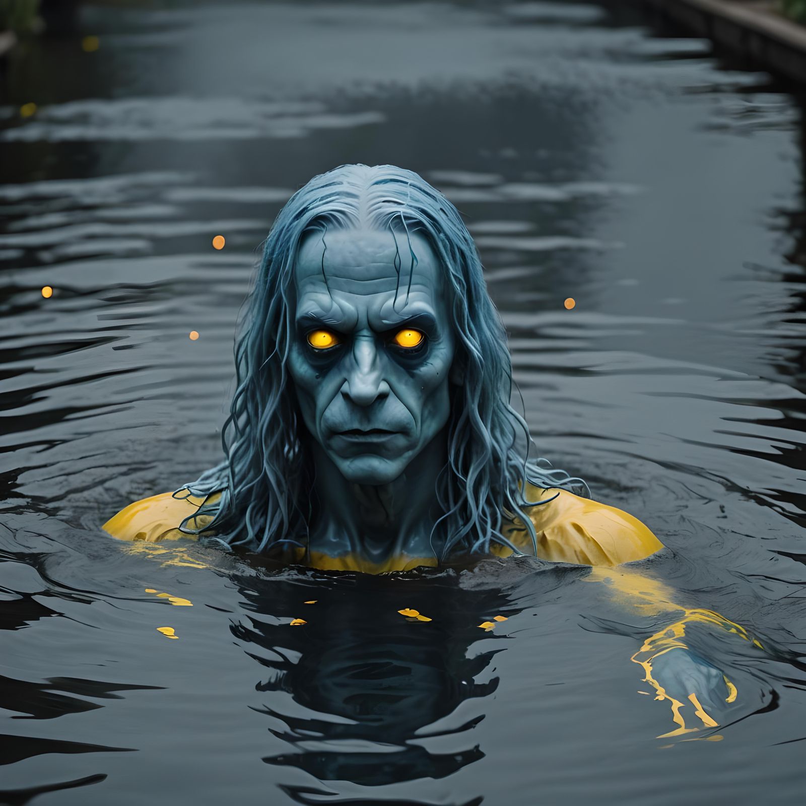 Eerie Blue Horror Villain in Dark Water Park