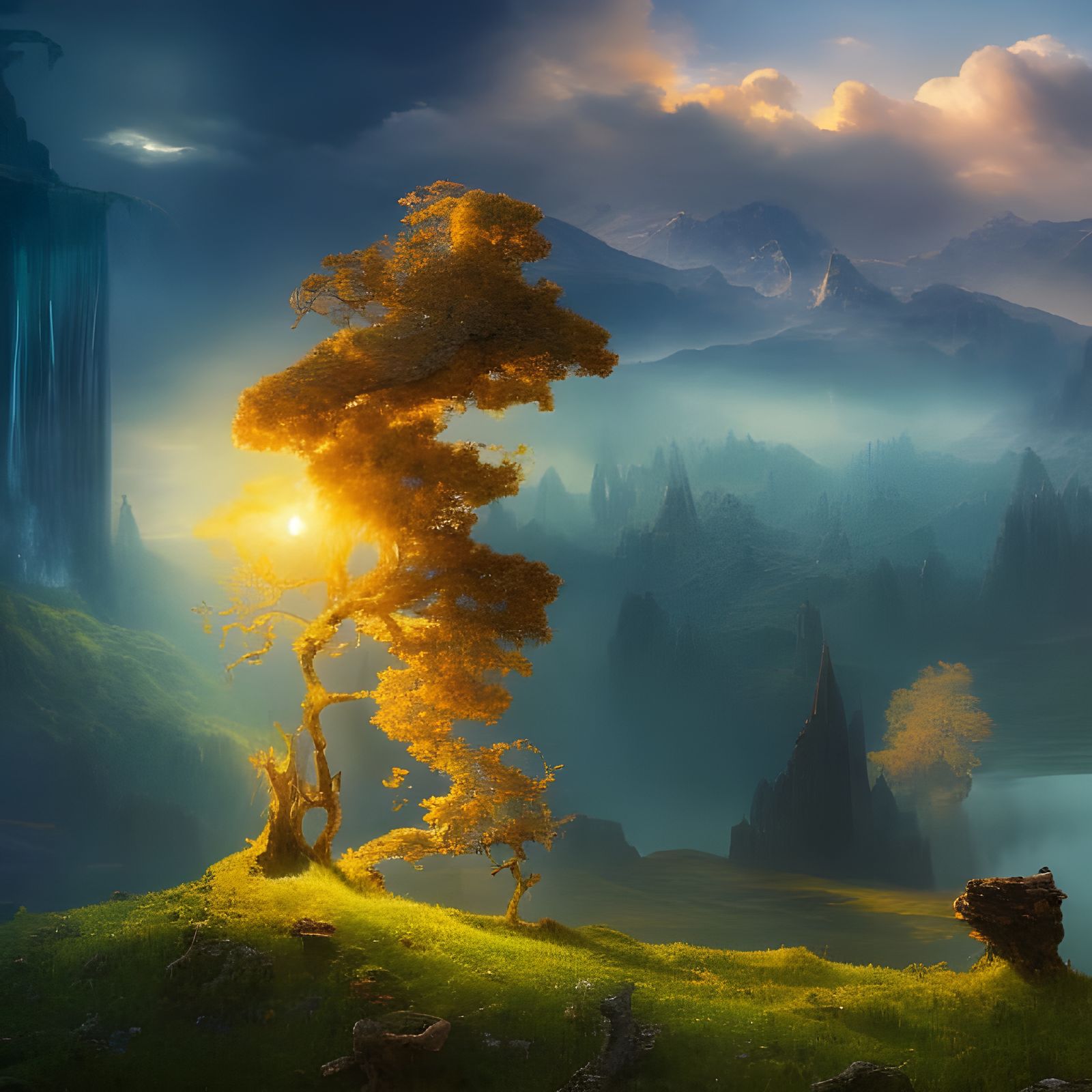 Ethereal Biopunk Landscape with Erupting Pond