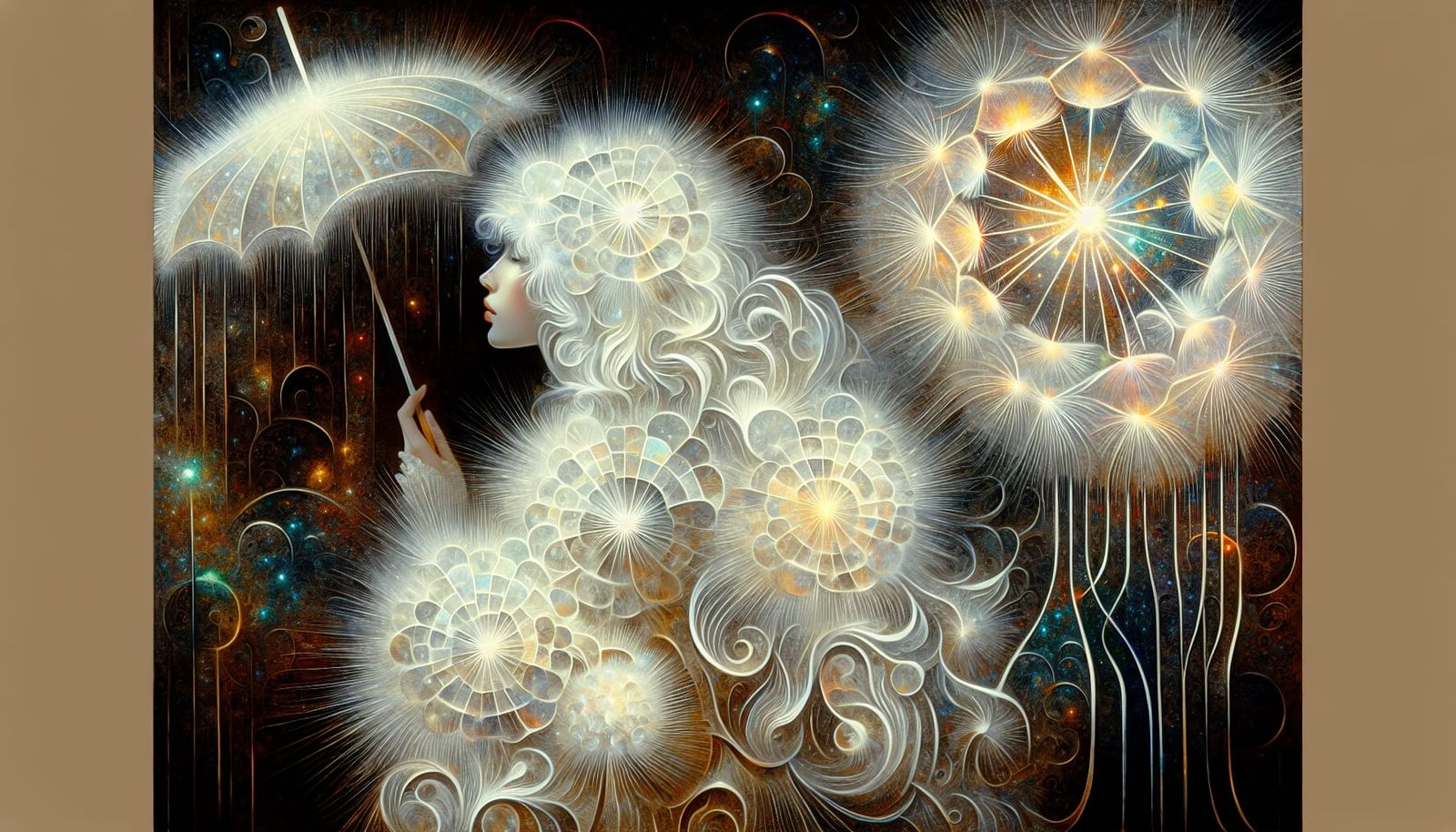 Surreal White Dandelions in Watercolor Style