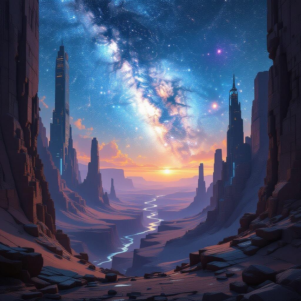 Cyberpunk City Ruins in Desert Canyon Under Nebula Sky