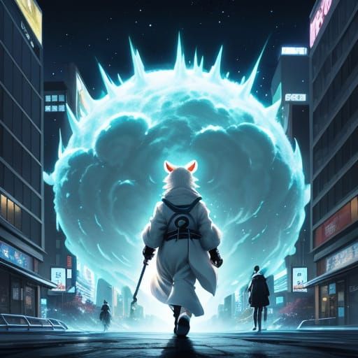 Anime Key Visual: Milk Creature in Glowing Cityscape