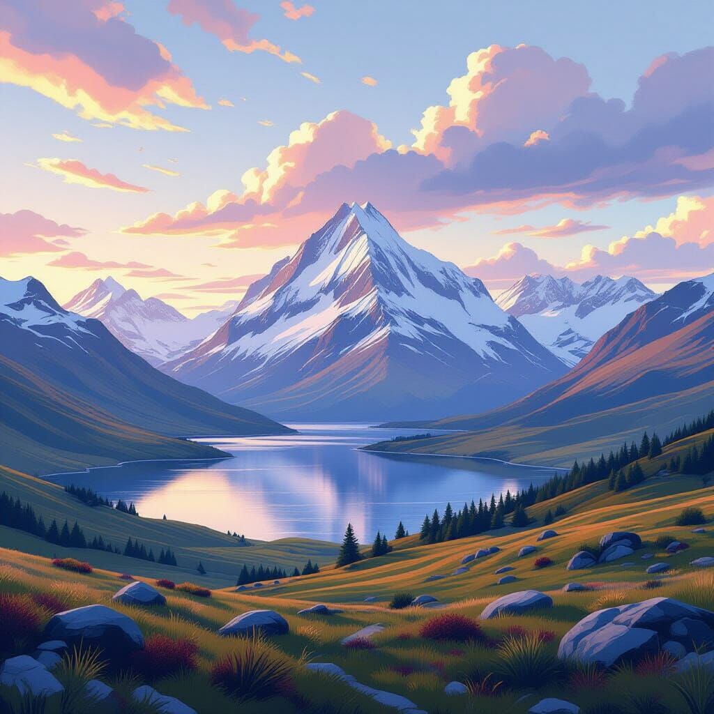 Majestic Landscape with Rolling Hills and Serene Lakes