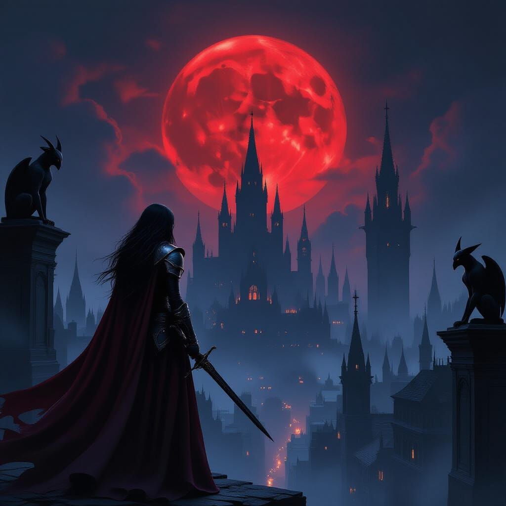 Gothic Vampire Hunter Silhouetted Against Blood Moon