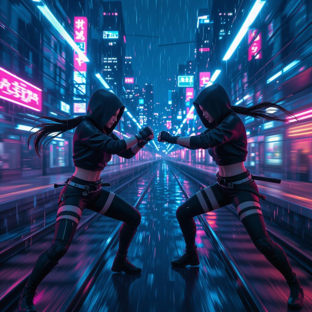 Neon Ninja Duel on Bullet Train in 3D Anime Style