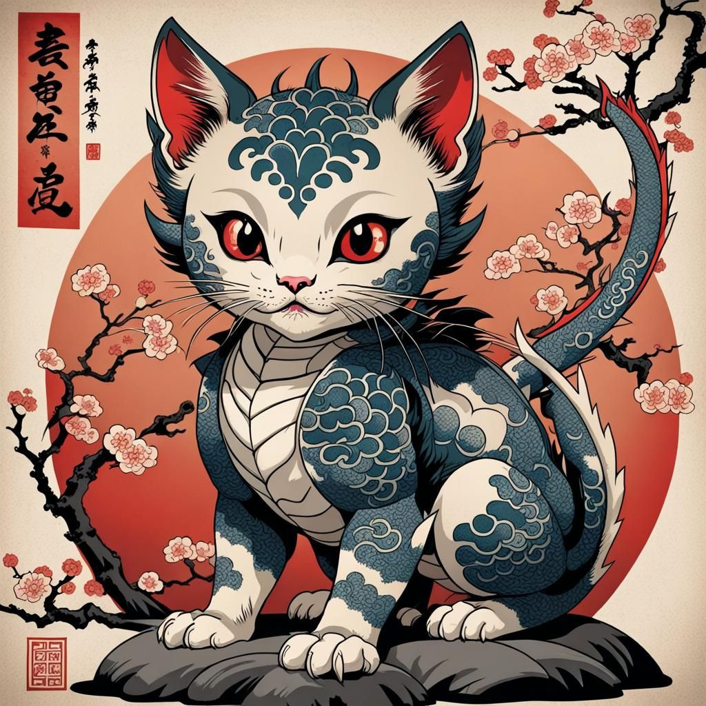 Japanese Dragon Kitten in Ukiyo-e Style
