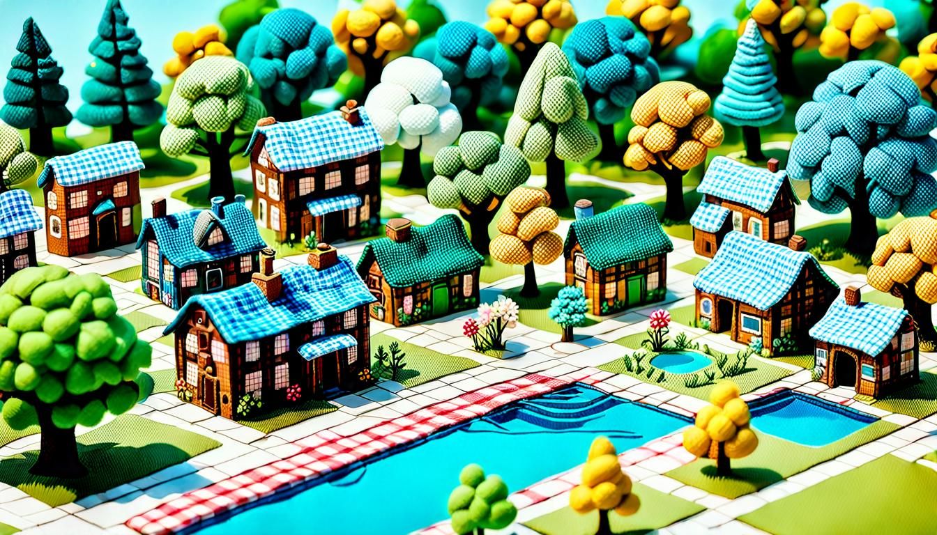 Plaid Fabric Miniature Town with Chibi Characters
