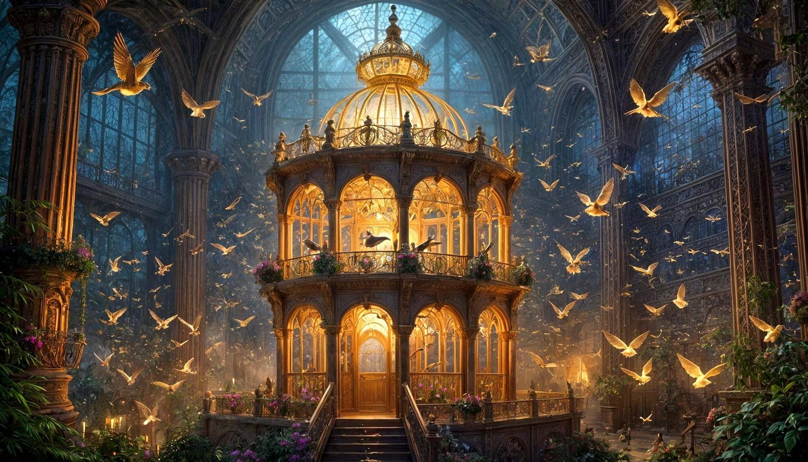 Room-Sized Golden Birdcage With 100 Colorful Species
