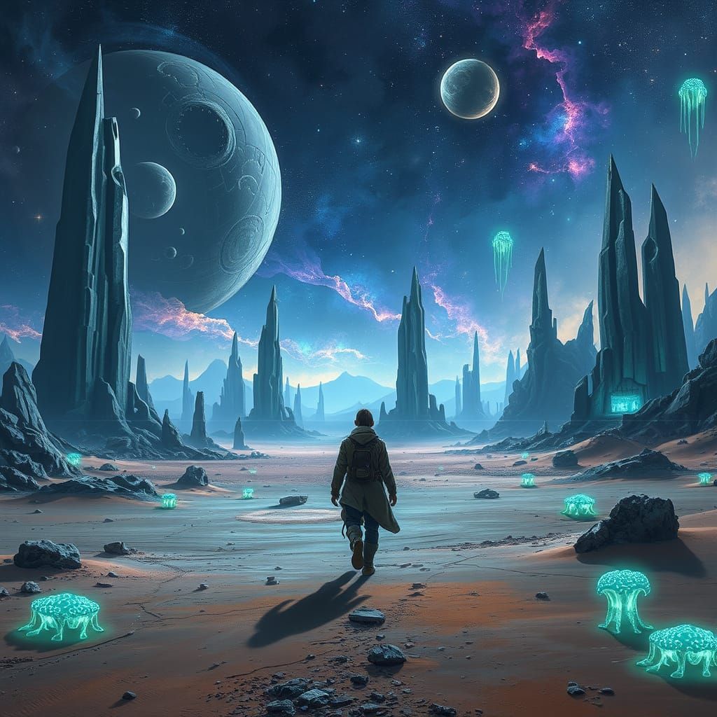 Alien Desert Wanderer: Cosmic Horror Landscape