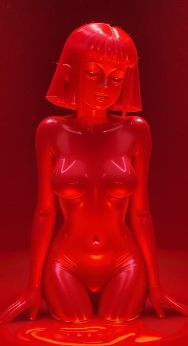 Glowing Red Slime Girl in Dark Room