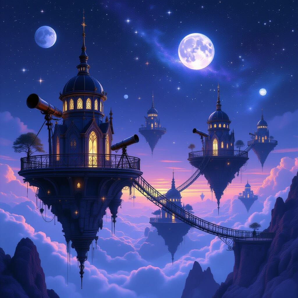 Gothic Observatories on Floating Islands Amidst Starry Sky