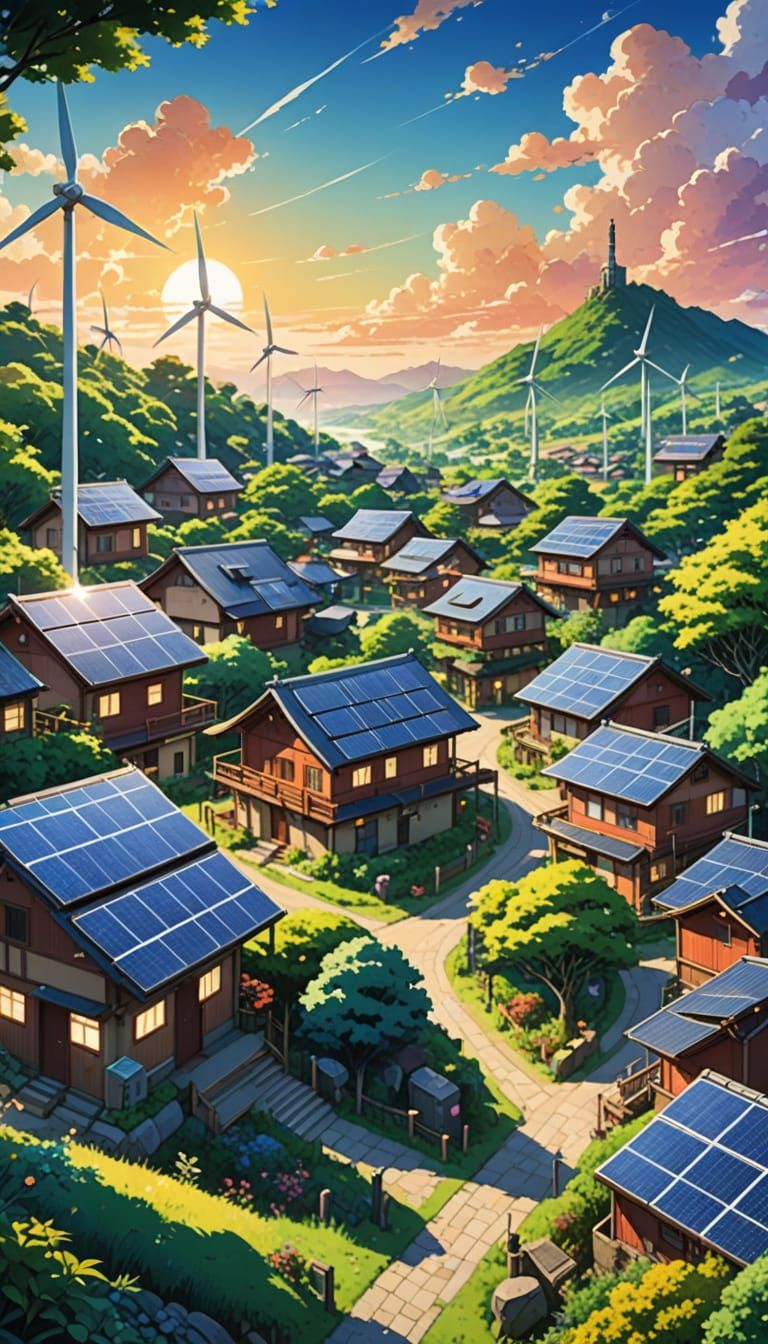 Utopian Eco Village in Vibrant Anime Style