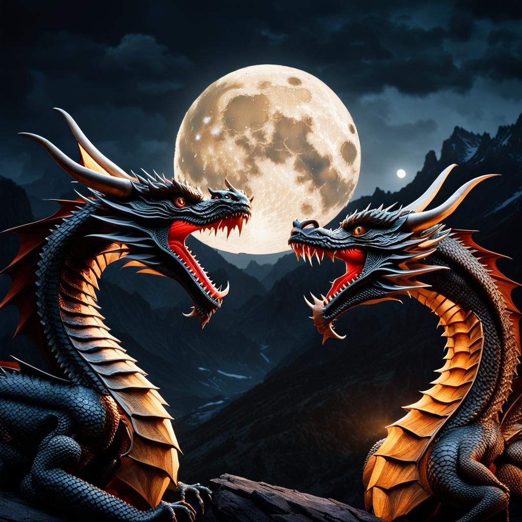 Dragons Clash Under Moonlight: Photorealistic 8K