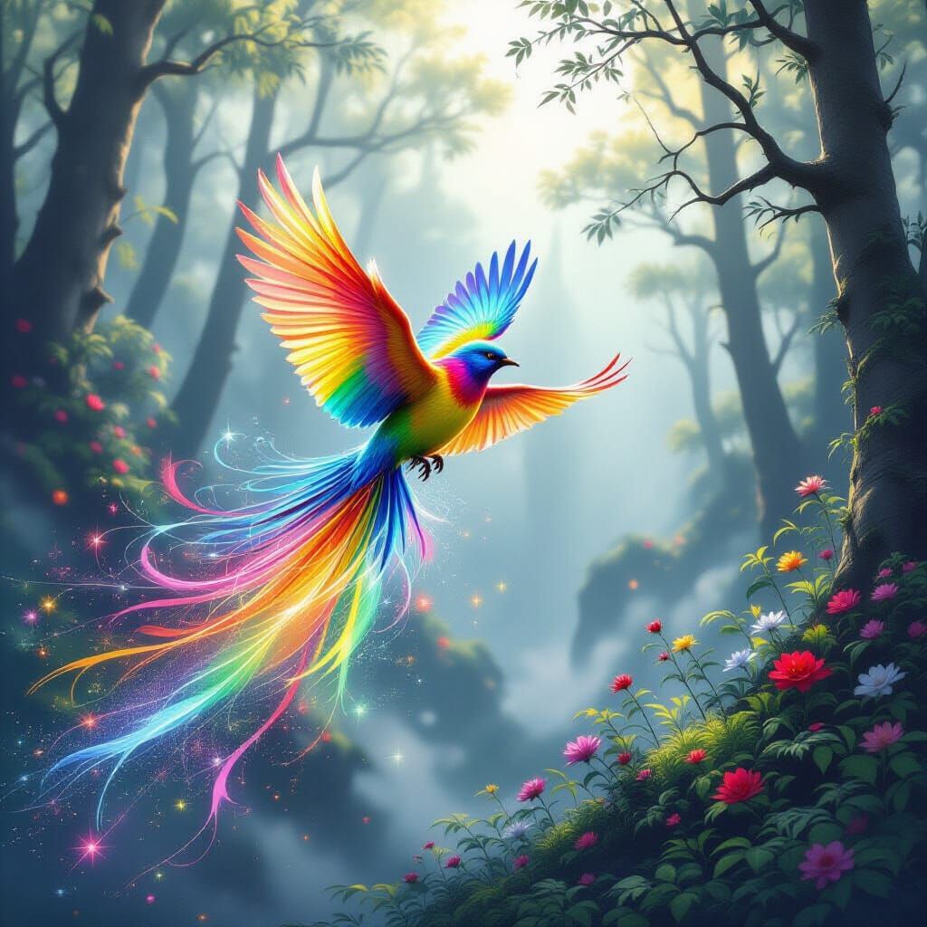Rainbow Bird Transforms Gray World with Color