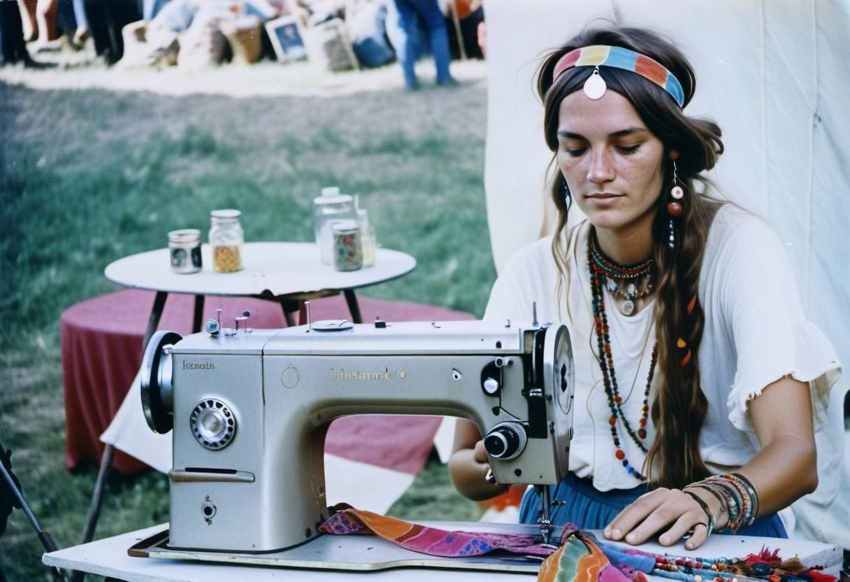 Hippie Girl Sewing: Vintage Kodak Photograph