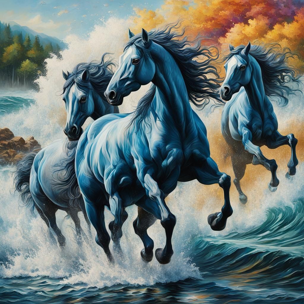 A wall painting of horses in a river