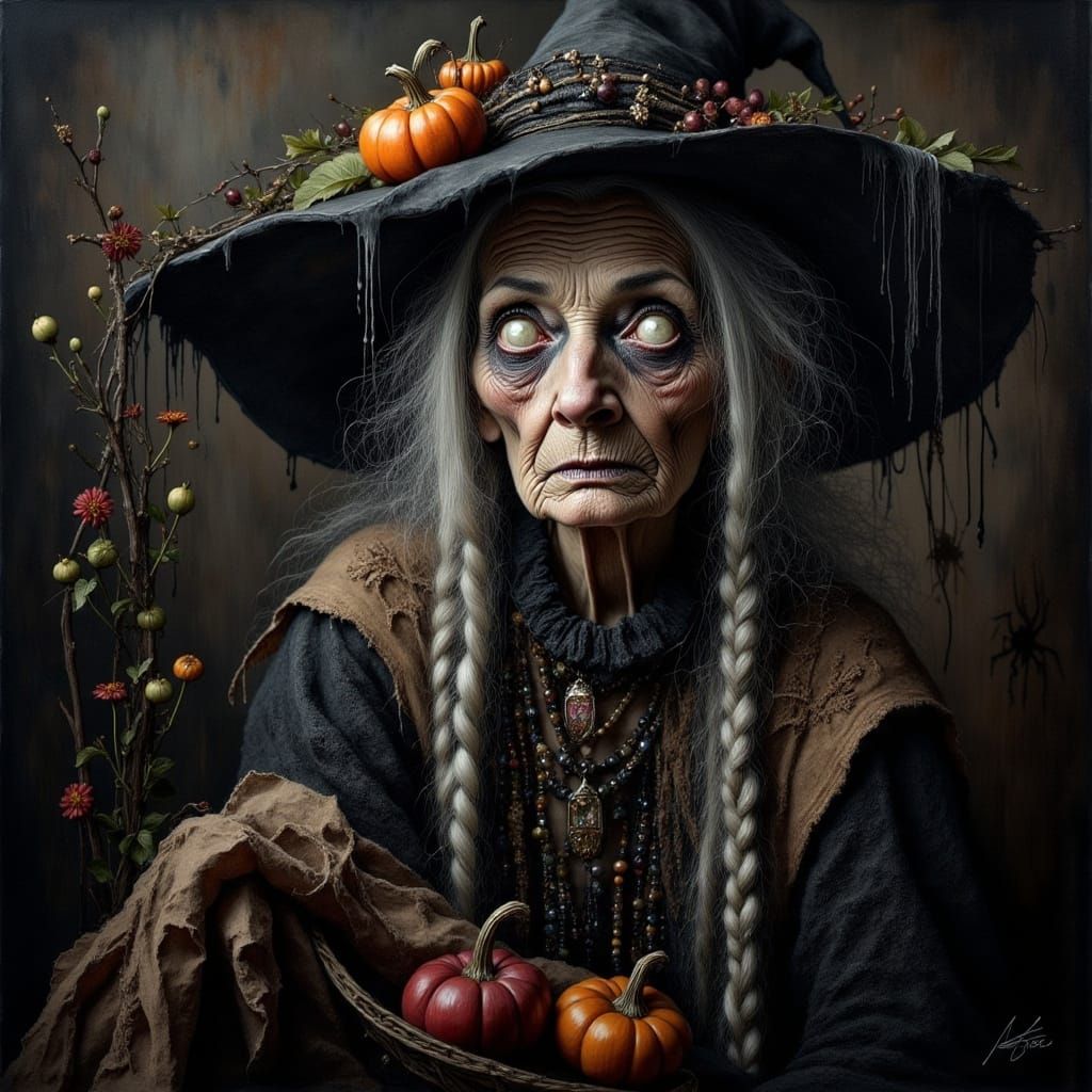 Elderly Witch in Black Lace Gown with Floral Details