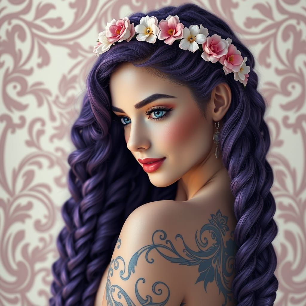 Dreamy Fantasy Woman with Floral Crown and Intricate Tattoos...
