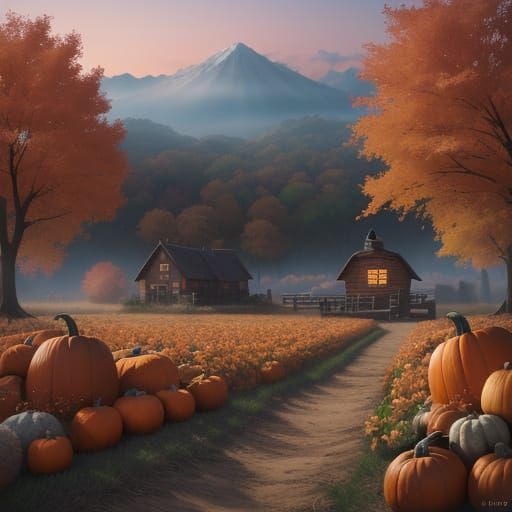 Mystical Pumpkin Patch at Dawn: 3D Anime Art