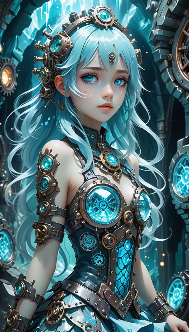 Steampunk Anime Princess in Mechanical Cave