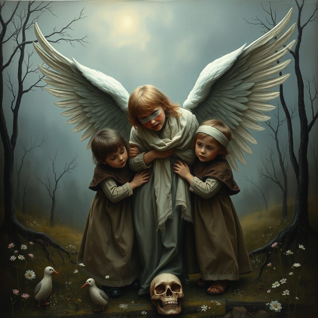 Symbolist Painting of Children Tending an Injured Angel in N...