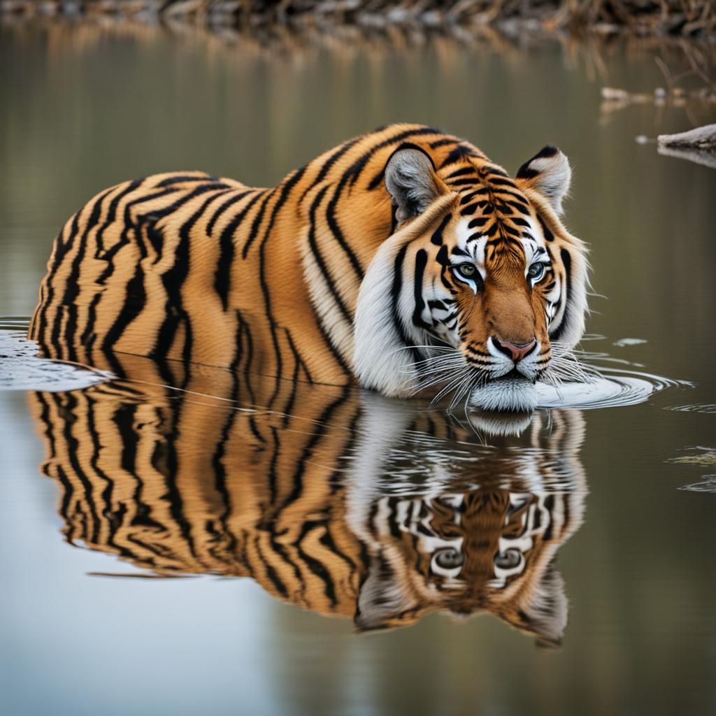 Tiger Drinking with Perfect Reflection in Lake