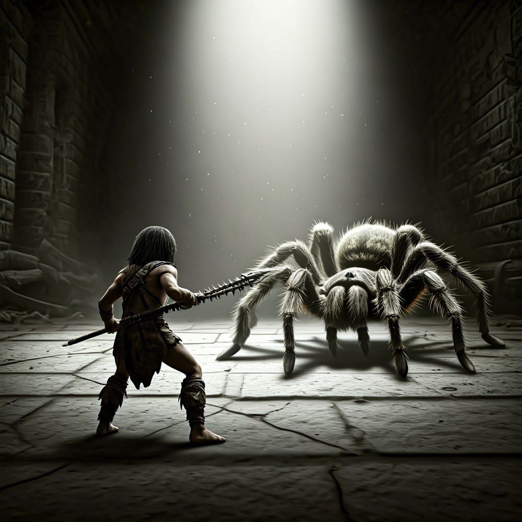 Tiny Prehistoric Man Versus Giant Tarantula