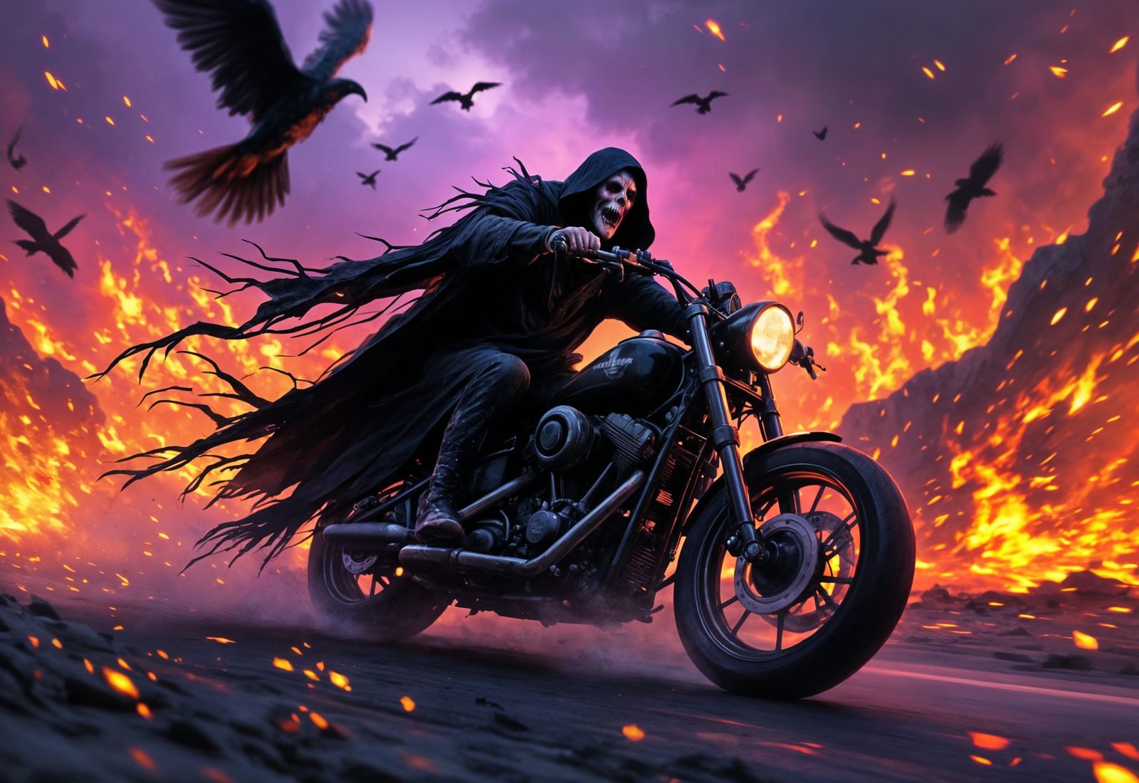 Grim Reaper Rides Harley in Hellscape: Digital Art