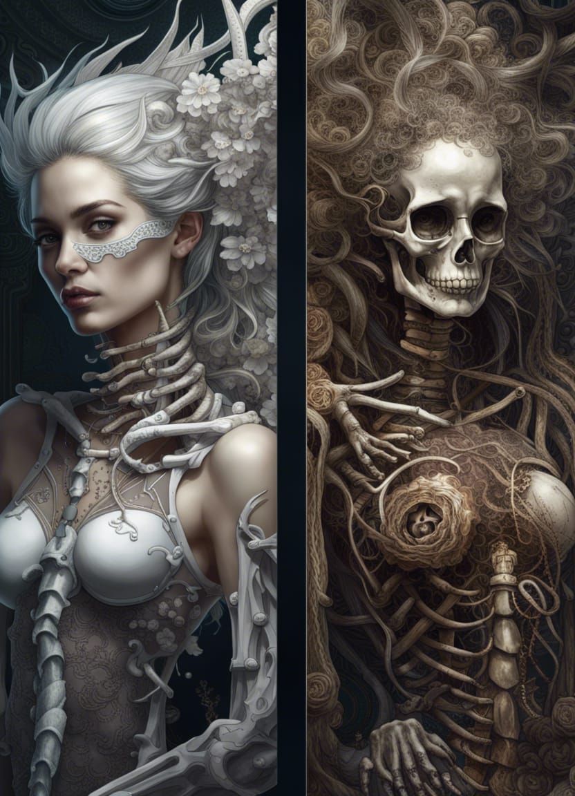 Woman's Duality: Youth and Skeleton in Detailed Art