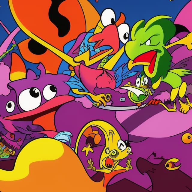 Psychedelic Flying Chicken in Cartoon Style