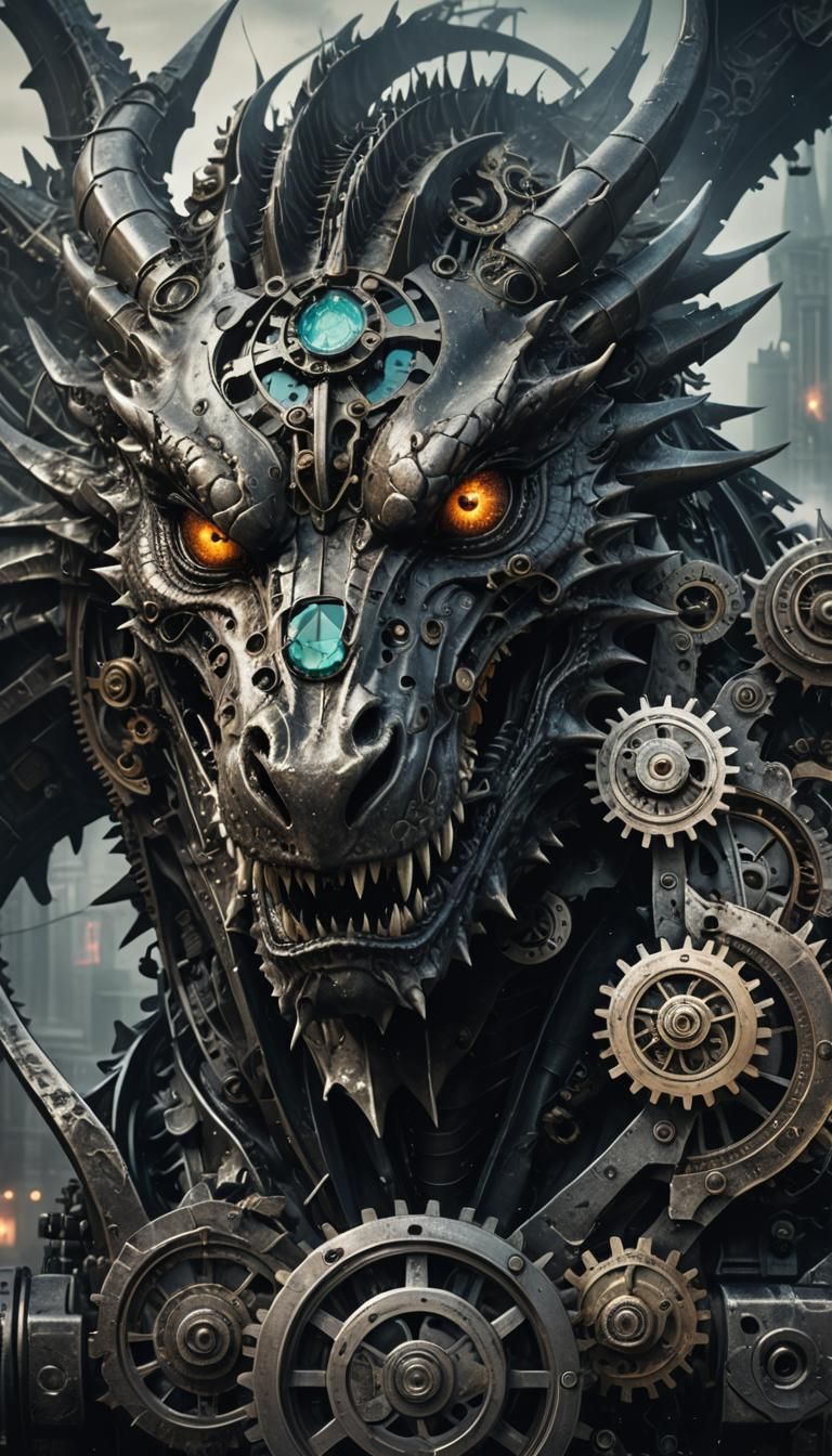 Cybernetic Dragon in Dark Fantasy Cityscape