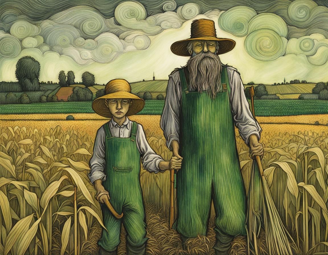 Farmer and his look-alike scarecrow in the cornfield #1