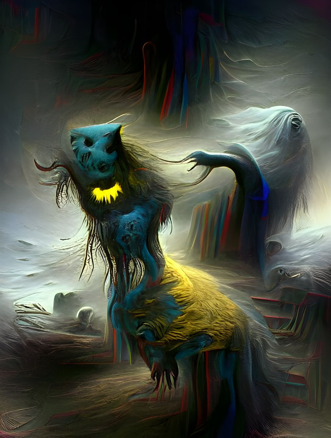 Creepy Feline Humanoid in Feather Dress, Digital Art