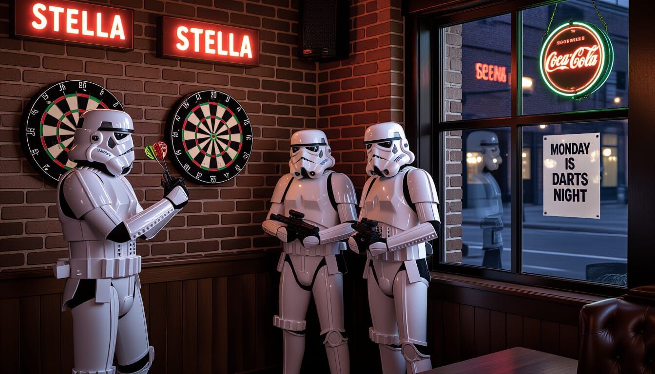 Stormtroopers Play Darts in a Pub