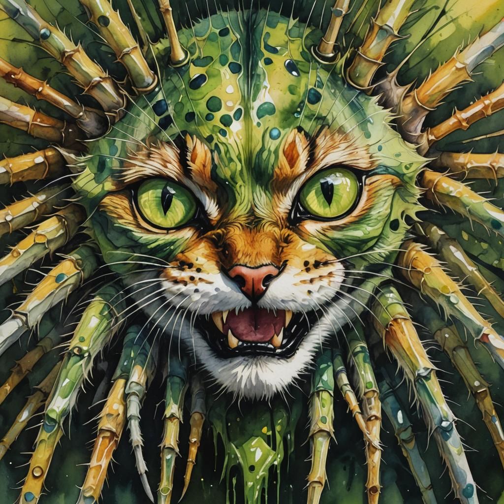 Surreal Cat-Spider in Watercolor Style