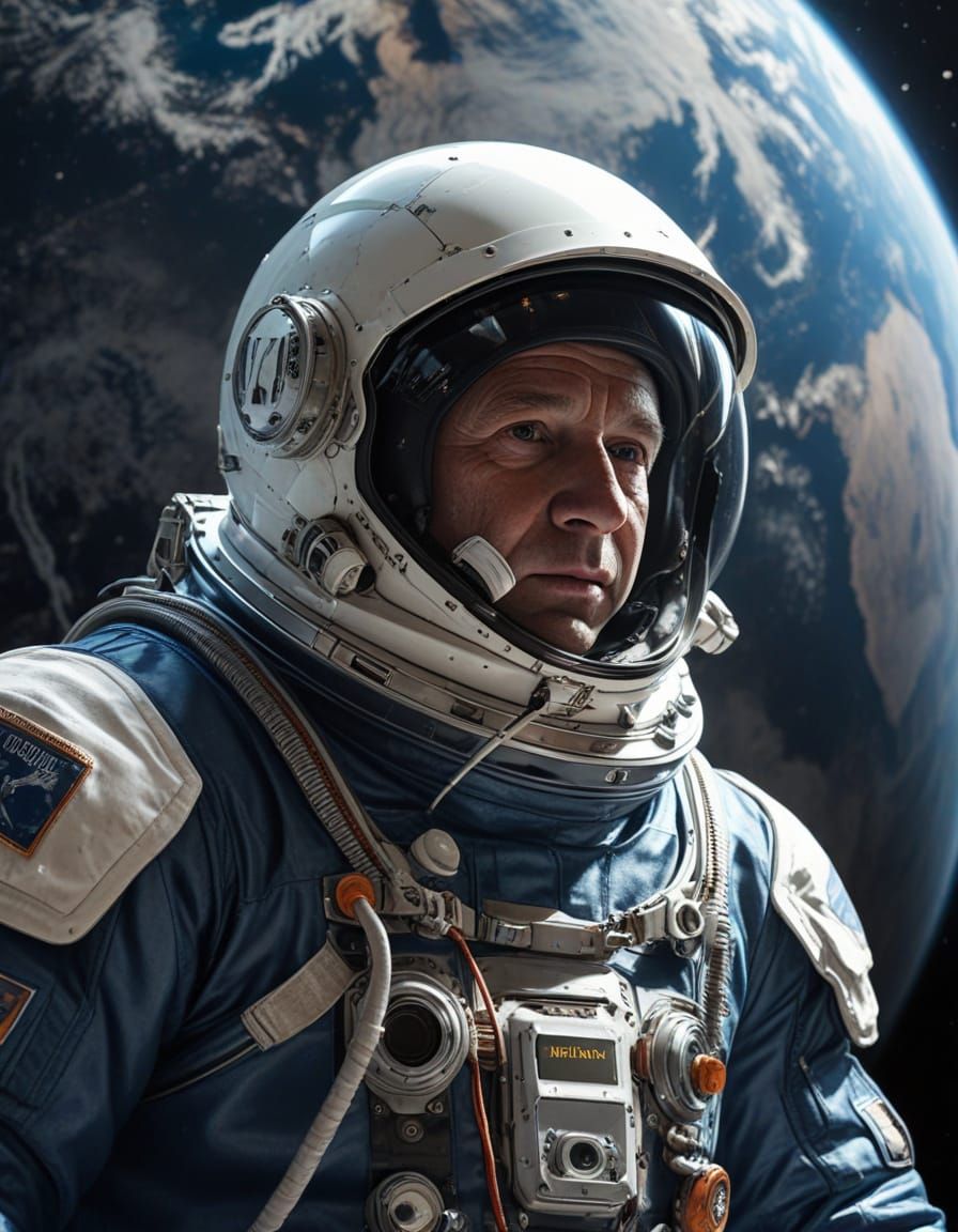 Alexei Leonov in Photorealistic Berkut Spacesuit above Earth